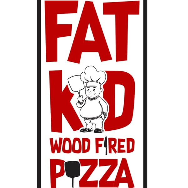 Fat Kid Woodfired Pizza logo with a cartoon chef holding a pizza peel.